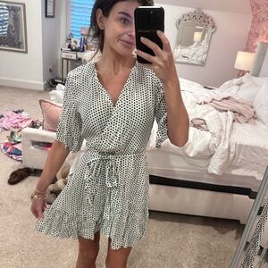 Polka Dot Tie-Waist Mini Dress - White with Black Dots